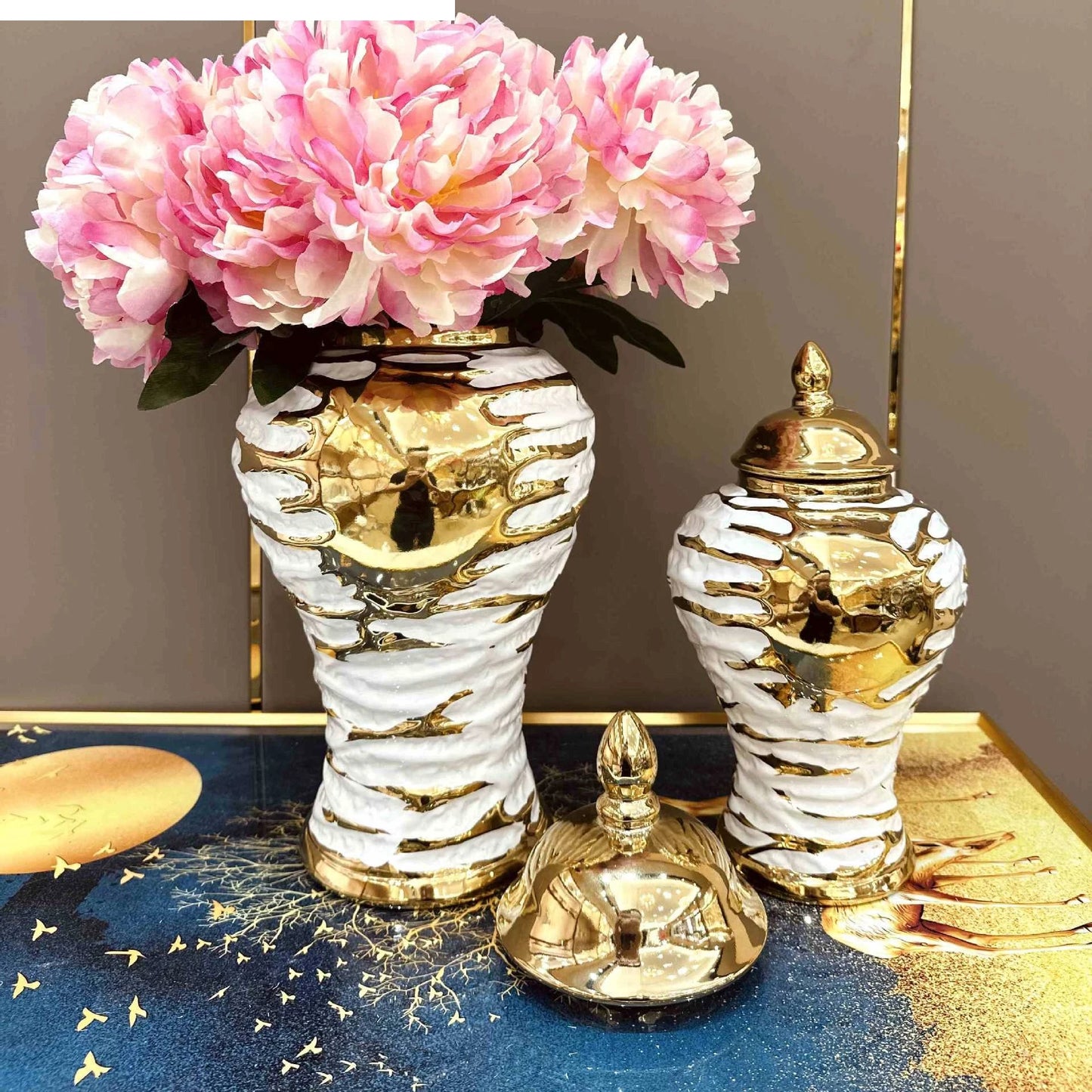 White Ceramic Jar with Gold Design