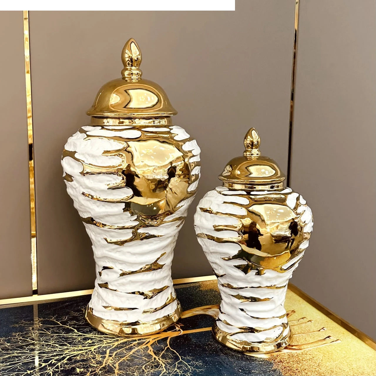 White Ceramic Vase with Gold Design for Living Room