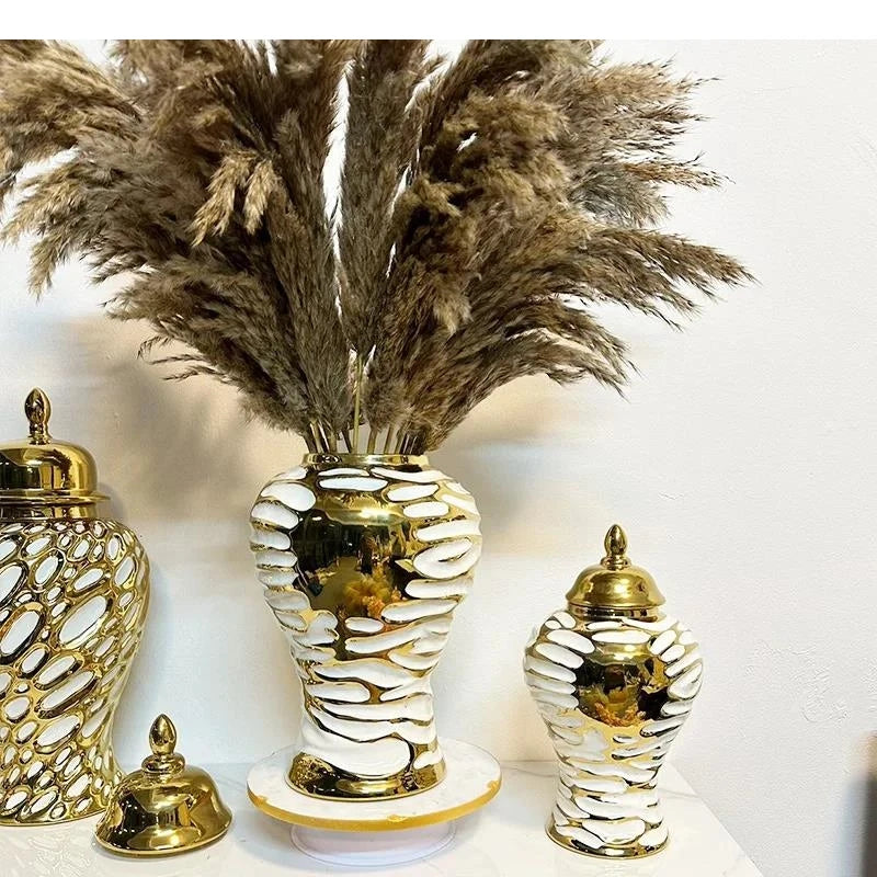 Gold and White Ceramic Vase with Golden Lid