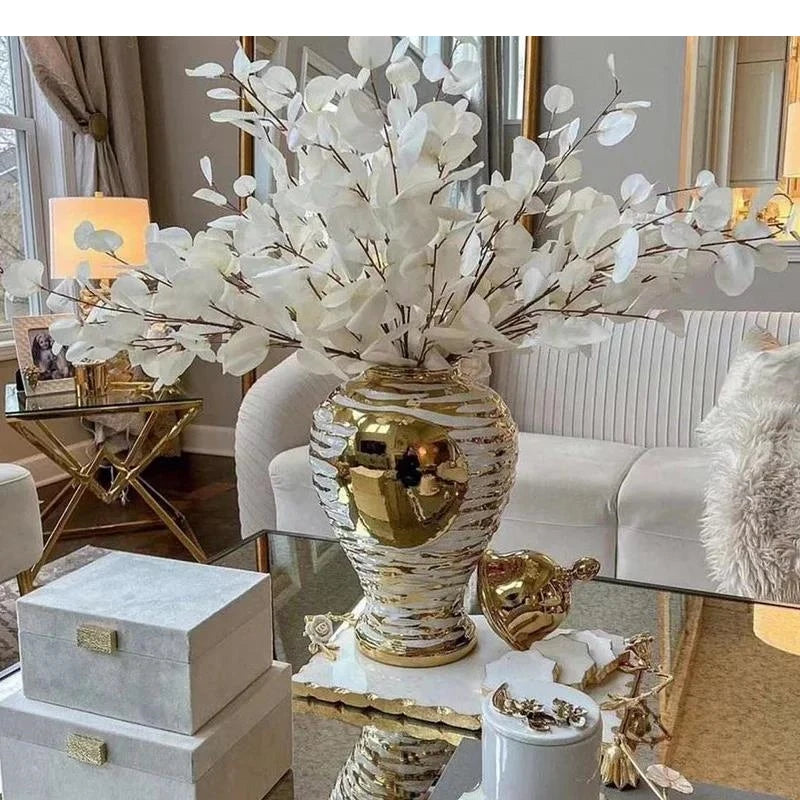 Gold and White Ceramic Vase with Golden Lid