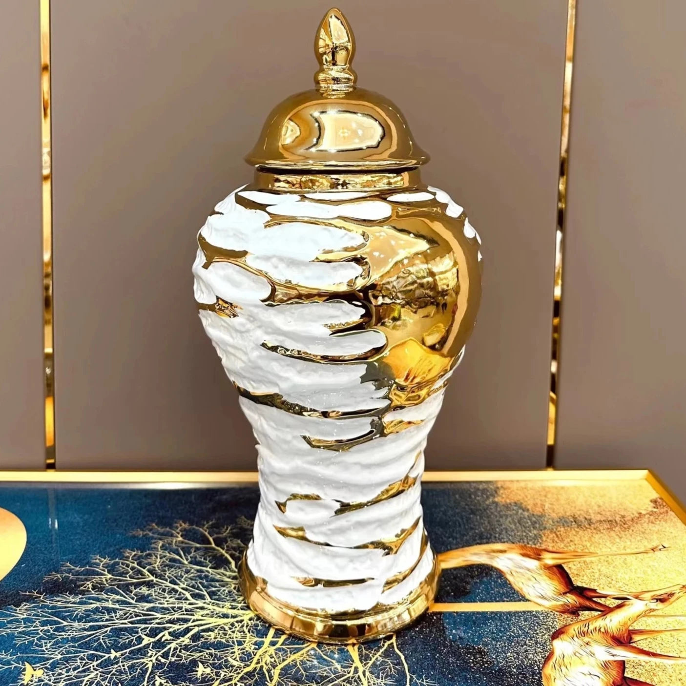 White Ceramic Jar with Gold Design for Living Room