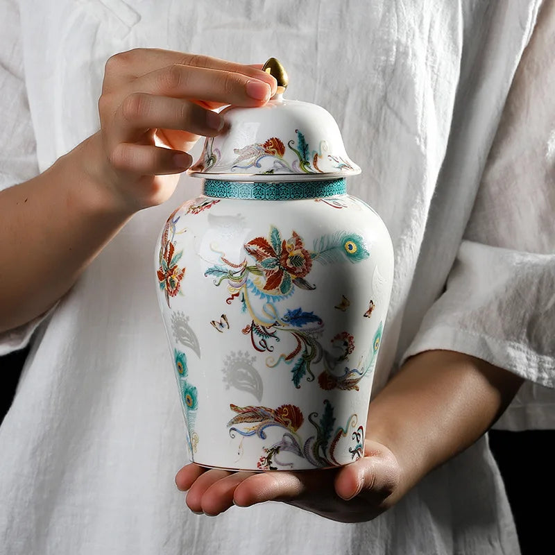 White and Green Ceramic Jar with Lids   