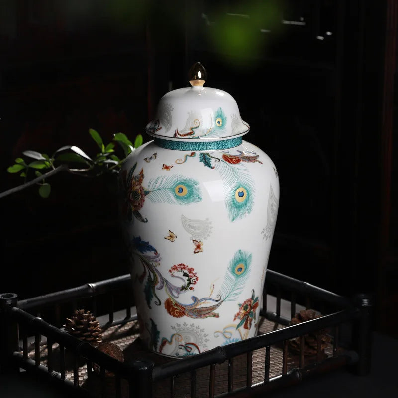 White and Green Ceramic Jar with Lids   