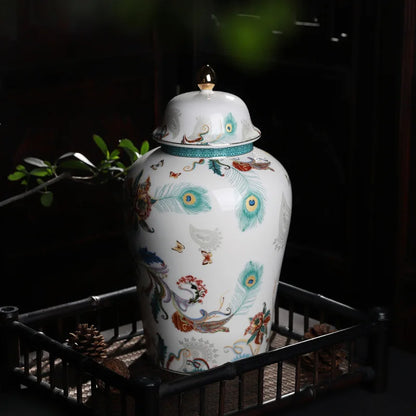 White and Green Ceramic Jar with Lids   